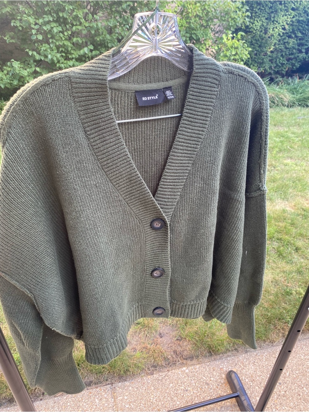 RD Style from Anthropologie Olive Green Oversized V-Neck Button Cardigan Cropped